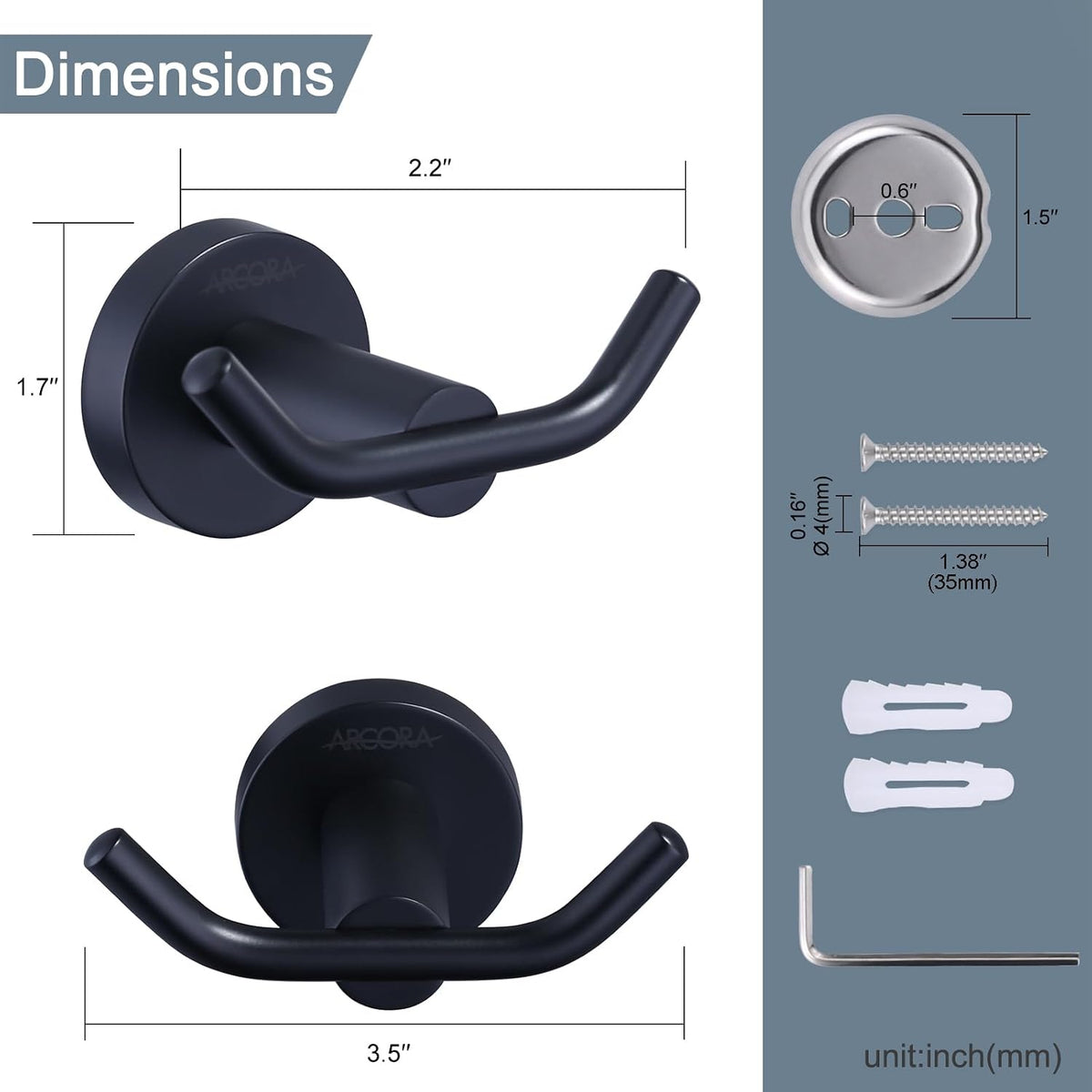 ARCORA Matte Black Towel Hooks, SUS 304 Stainless Steel Bathroom Robe Hooks