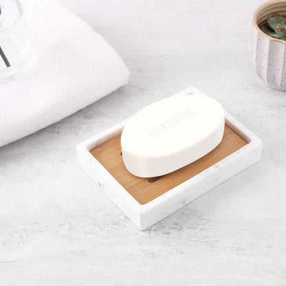 Luxspire Bamboo Soap Dish, Resin Holder with Drainage, Gravel White