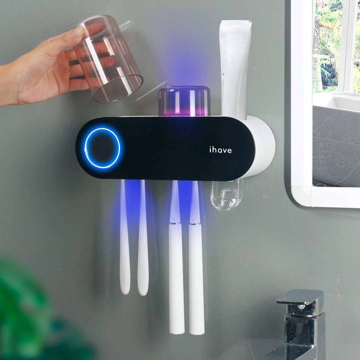iHave UV Toothbrush Sanitizer Holder Wall Mount Toothpaste Dispenser, 3-Cup