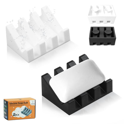 Silicone Soap Dish Self Draining with Suction Cups (White, 2 Pack)