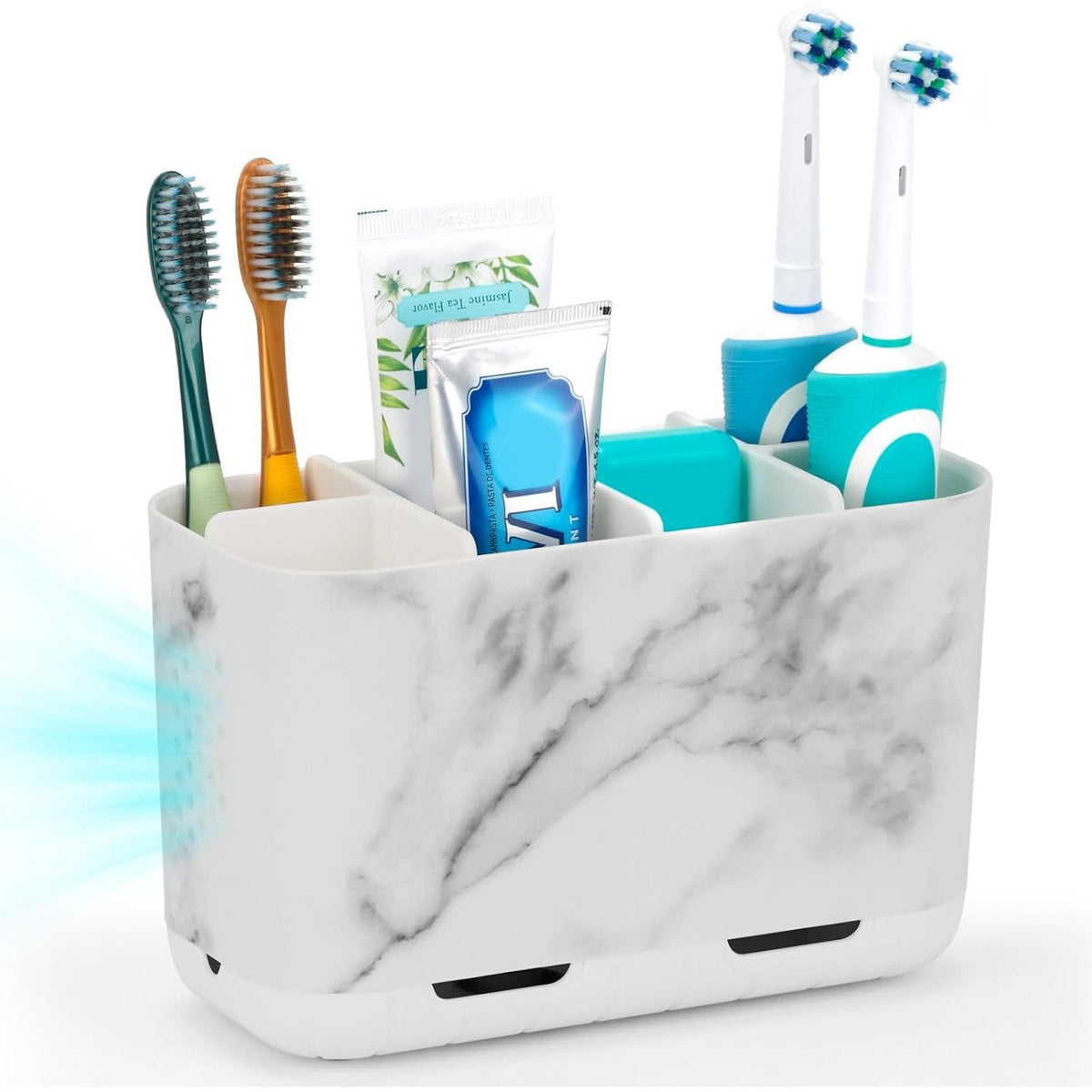 Boperzi Toothbrush and Toothpaste Holder Drainage for Bathroom Countertop with Adjustable Dividers, Large Toothpaste Caddy Organizer Storage Rustic Decor Set Anti-Slip for Shower,Family,Kids Gray