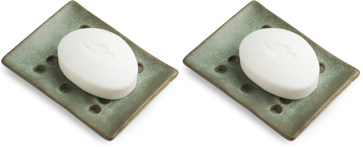 Draining Ceramic Soap Dish - Fluted Design, Bar Soap Holder for Shower & Bathroom, Soap Saver Sponge Lift, Green
