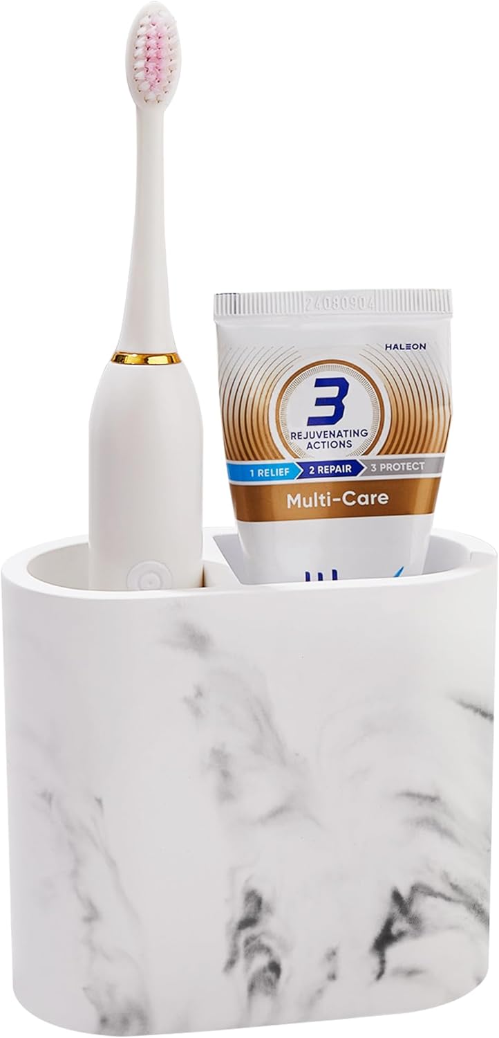Diatomite Toothbrush Holders for Bathrooms, Electric Tooth Brush and Toothpaste Holder for Bathroom Countertop, Marble White Bathroom Accessories, 2 Slots Toothbrush Organizer