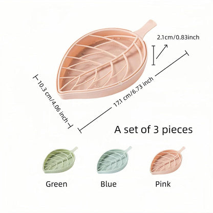 Leaf-Shaped Soap Dish Set, 2-Tier Soap Holder Drain Rack, Leaf Design - No Drill Wall Mount, Detachable Bathroom Organizer for Shower Sink (Pastel Green/Blue/Pink)