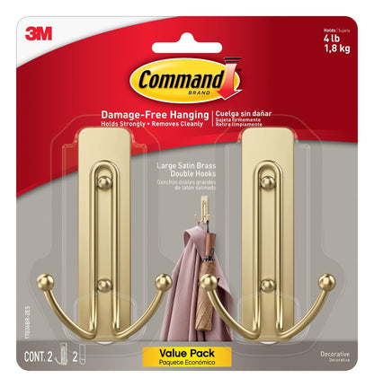 Command Large Matte Black Double Hooks, 2 Hooks and 2 Strips, Damage Free Hanging Wall Hooks with Adhesive Strips, No Tools Coat Hooks for Hanging Home Decor, Holds up to 4 lb