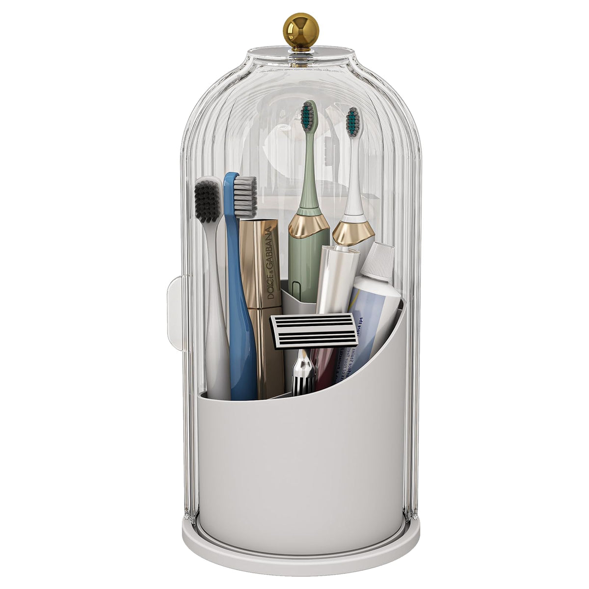 Waterproof Toothbrush Holder with 180° Rotating Cover, Grey White