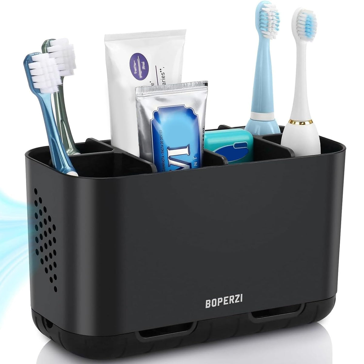 Boperzi Toothbrush and Toothpaste Holder Drainage for Bathroom Countertop with Adjustable Dividers, Large Toothpaste Caddy Organizer Storage Rustic Decor Set Anti-Slip for Shower,Family,Kids Gray