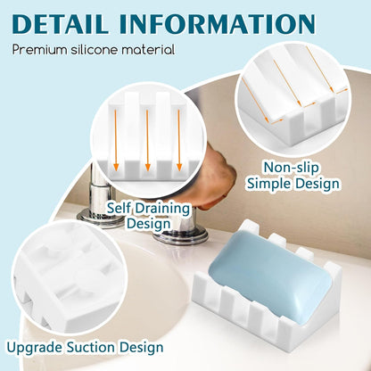 Silicone Soap Dish Self Draining with Suction Cups (White, 2 Pack)