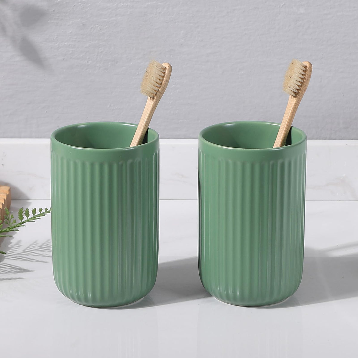 Toothbrush Holders - 2 Cup Ceramic Toothbrush Toothpaste Holders Set, Beige Bathroom Tumbler Cups Reusable Toothbrush Mouthwash Cup, Bathroom Counter Organizer