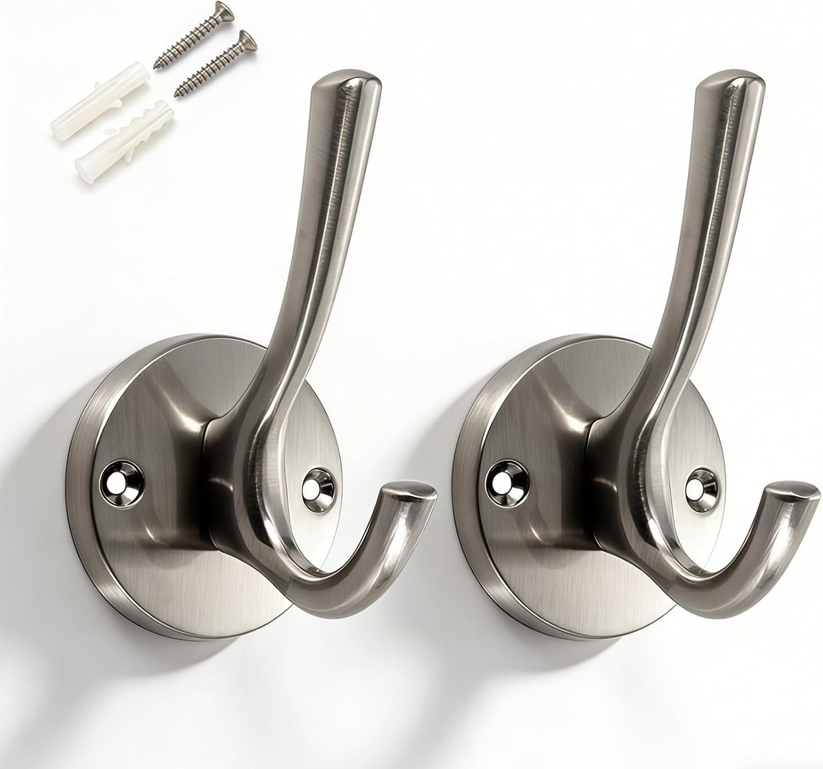 Towel Hooks for Bathrooms Silver Wall Hooks 2 Pack Brushed Nickel Coat Hooks Heavy Duty Towel Wall Hooks for Coats Robes Hats Bath Entryway Cubicle Kitchen Screw in Brushed Nickel Towel Hooks