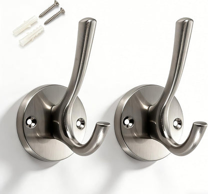 Towel Hooks for Bathrooms Silver Wall Hooks 2 Pack Brushed Nickel Coat Hooks Heavy Duty Towel Wall Hooks for Coats Robes Hats Bath Entryway Cubicle Kitchen Screw in Brushed Nickel Towel Hooks