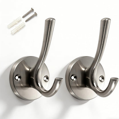 Towel Hooks for Bathrooms Silver Wall Hooks 2 Pack Brushed Nickel Coat Hooks Heavy Duty Towel Wall Hooks for Coats Robes Hats Bath Entryway Cubicle Kitchen Screw in Brushed Nickel Towel Hooks