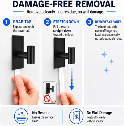 5 Pcs Towel Hooks Heavy Duty for Hanging，Adhesive Wall Hooks with Removable Strips，Sticky No Damage，Outdoor for Bathrooms，Shower，Stockings，Decor，Robe，X-Large，Black 304 Stainless Steel