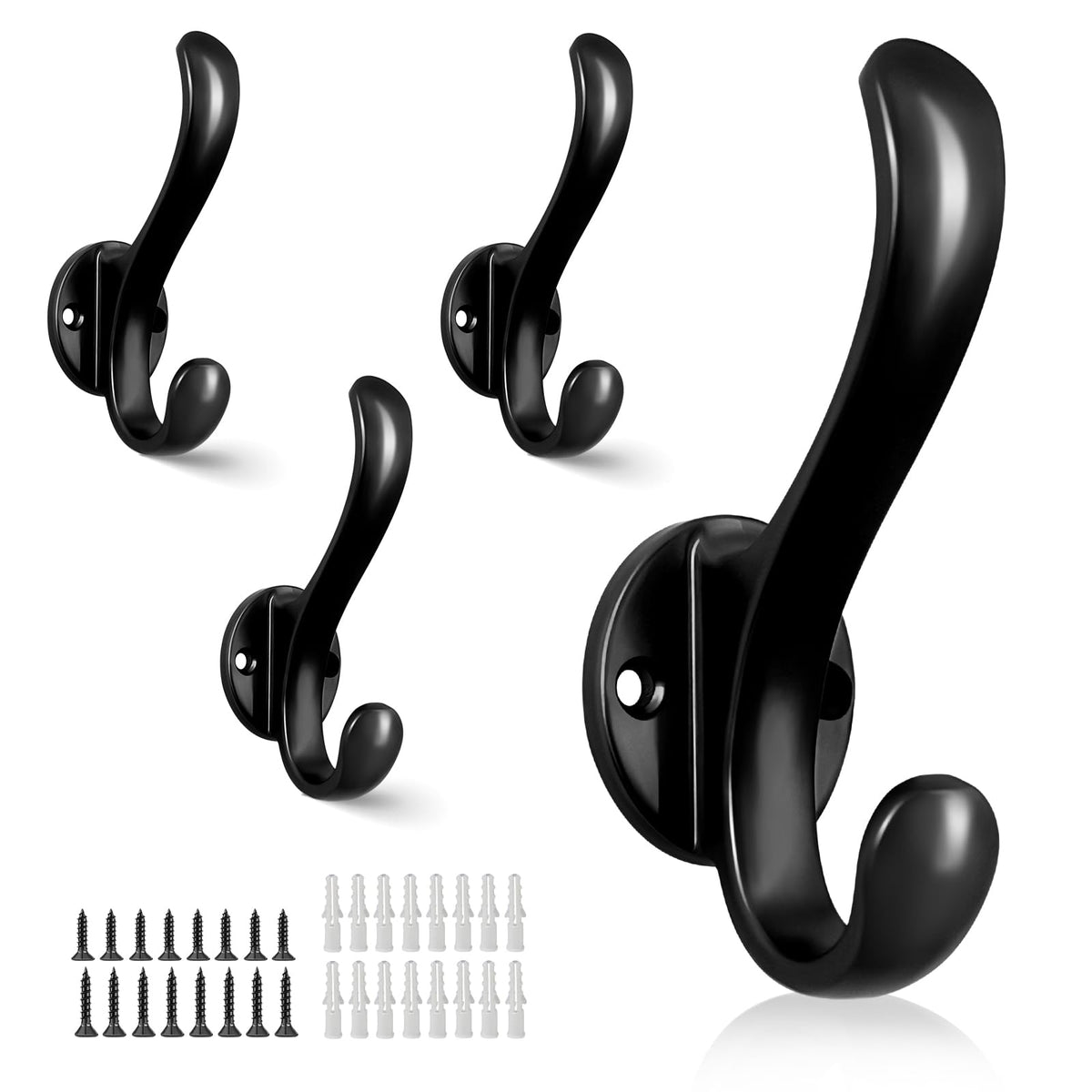6 Pack Coat Hooks Wall Mount Heavy Duty Utility Retro Double Hooks for Hanging Coats,Hat, Towel, Key, Robe, Scarf, Bag, Cap (Black)