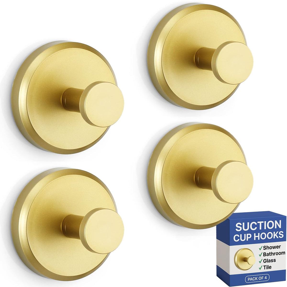 HOME SO Suction Cup Hooks for Shower & Bathroom Towel Holder 4-Pack Gold