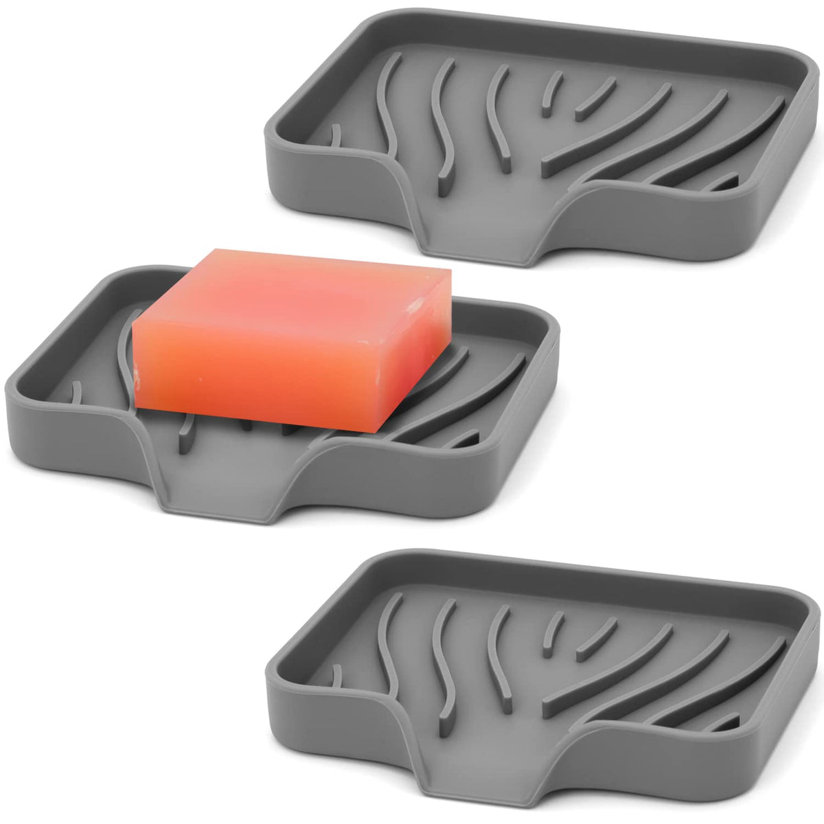 AIMAIAIMAI 3-Pack Silicone Soap Dish Set – Bar Soap Holder with Self-Draining Design, Easy-Clean Tray for Shower, Bathroom, Kitchen, and Tub (Gray)
