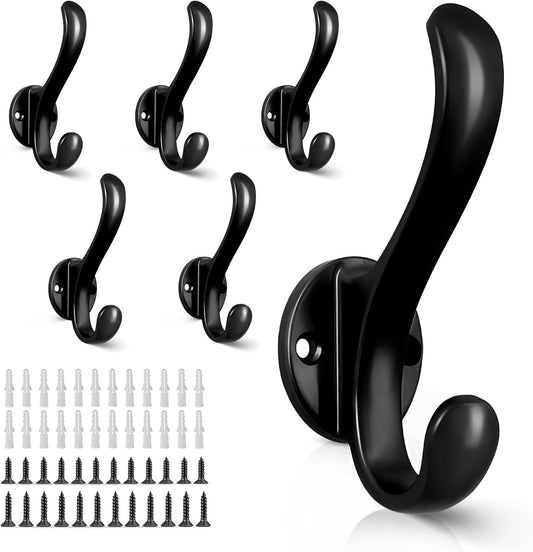 6 Pack Coat Hooks Wall Mount Heavy Duty Utility Retro Double Hooks for Hanging Coats,Hat, Towel, Key, Robe, Scarf, Bag, Cap (Black)