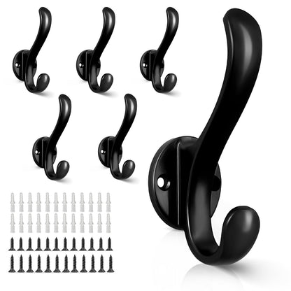 6 Pack Coat Hooks Wall Mount Heavy Duty Utility Retro Double Hooks for Hanging Coats,Hat, Towel, Key, Robe, Scarf, Bag, Cap (Black)