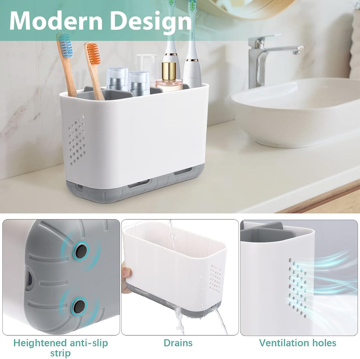 Boperzi Toothbrush and Toothpaste Holder Drainage for Bathroom Countertop with Adjustable Dividers, Large Toothpaste Caddy Organizer Storage Rustic Decor Set Anti-Slip for Shower,Family,Kids Gray