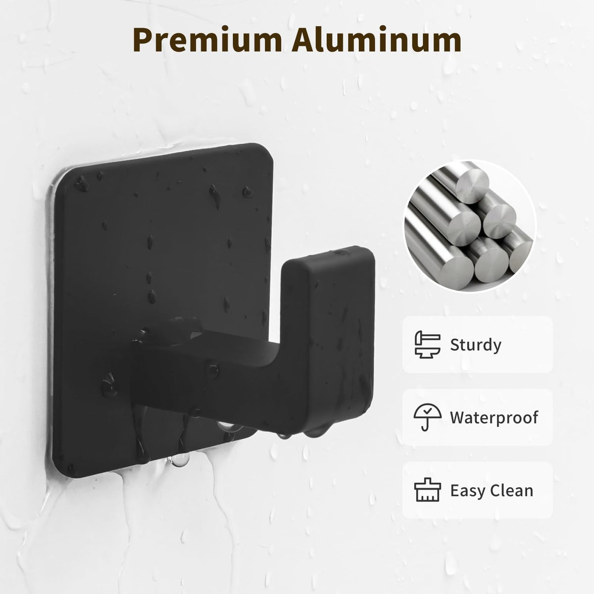 GWAAZXGZ Square Self Adhesive Towel Hooks - 2 Pack Matte Black Metal Hooks