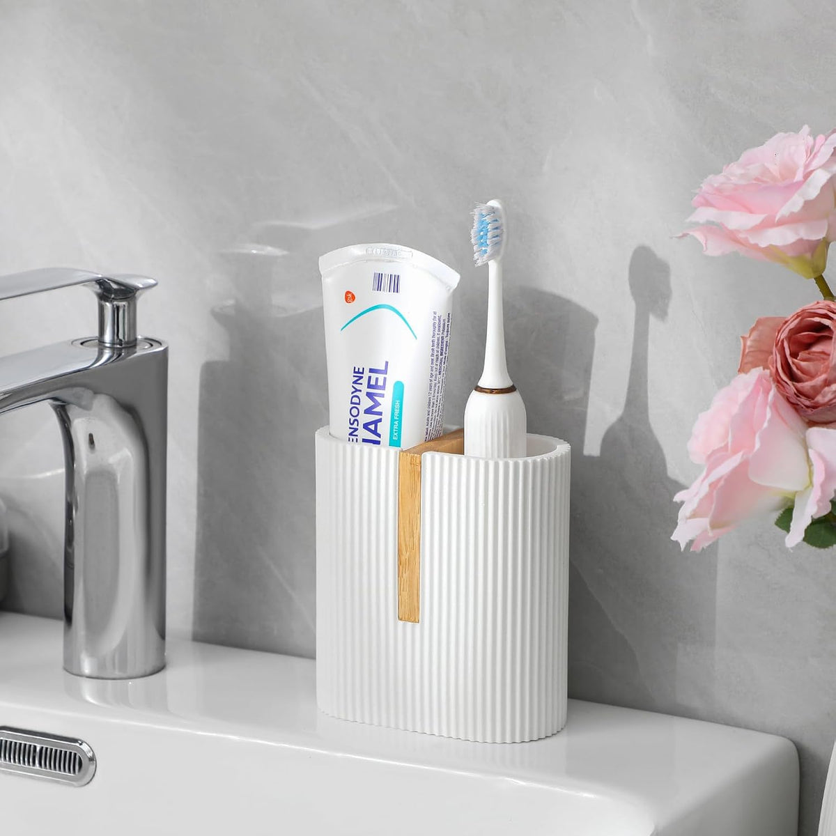 Toothbrush Holders for Bathroom, Bamboo Electric Toothbrush Stand, White
