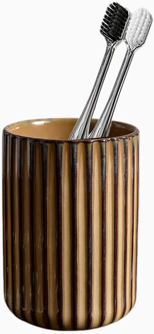 Ceramic Toothbrush Holder for Bathroom, Ceramic Toothbrush Cup, Toothpaste Organizer for Bathroom Countertop, Bathroom Storage Organizer, Kiln Transformation Cup (Brown)