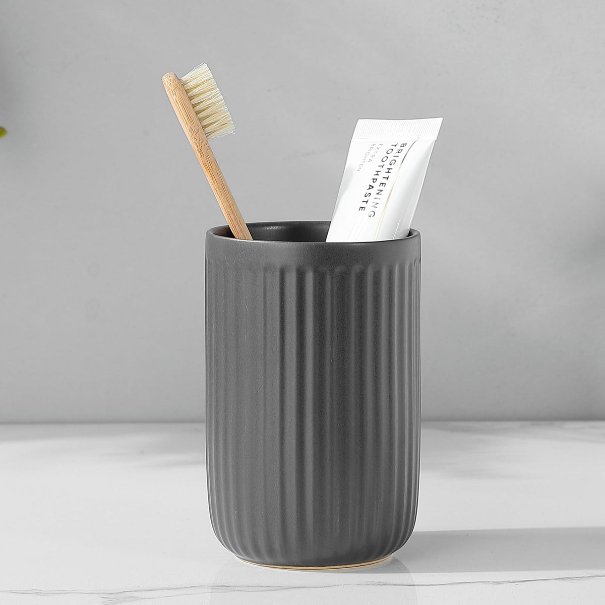 Toothbrush Holders - 2 Cup Ceramic Toothbrush Toothpaste Holders Set, Beige Bathroom Tumbler Cups Reusable Toothbrush Mouthwash Cup, Bathroom Counter Organizer