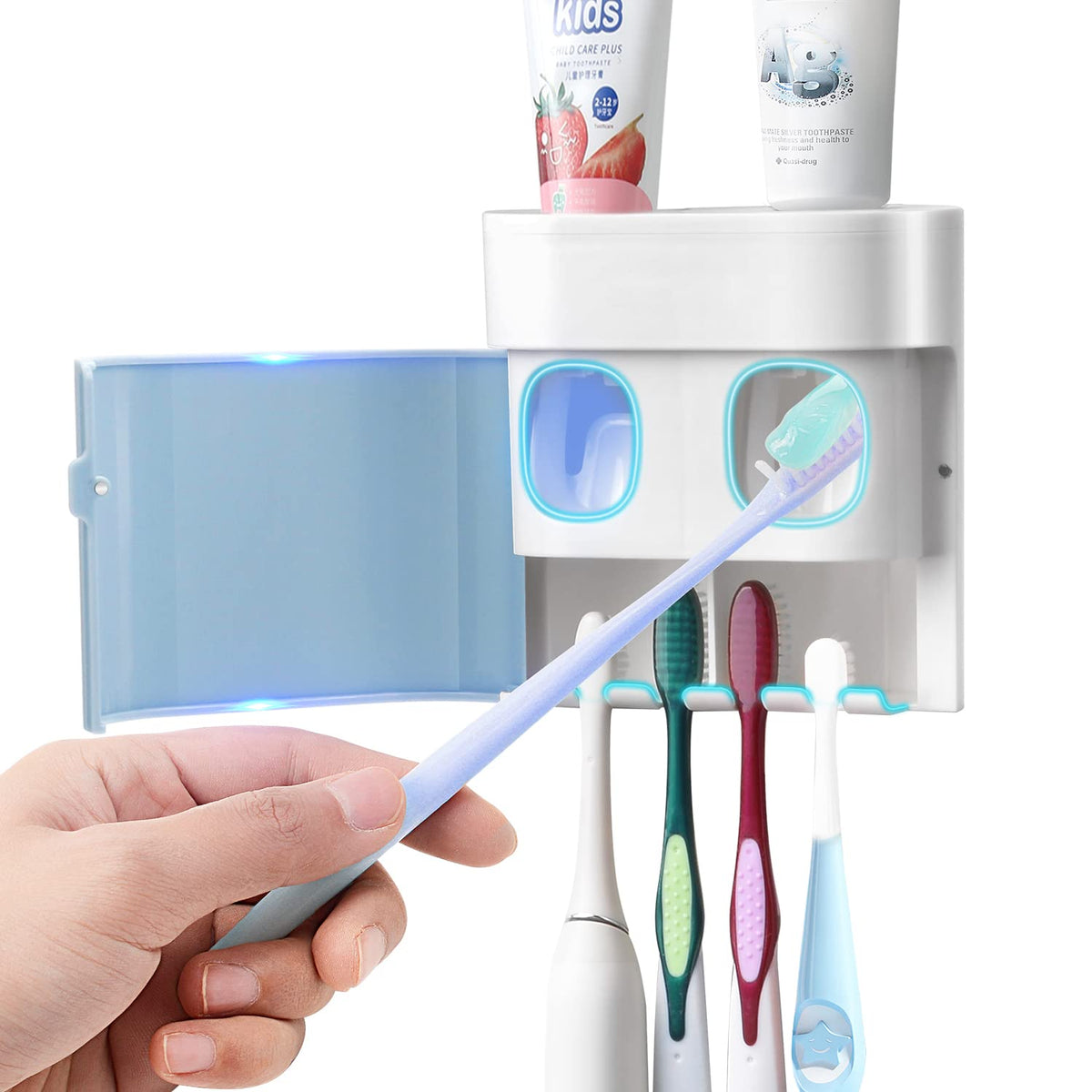 GFWARE Toothbrush Holder Toothpaste Dispenser Wall Mounted with Cover, 4 Slots Tooth Brush Storage Organizer with Automatic Kids Toothpaste Squeezers for Shower Bathroom Black