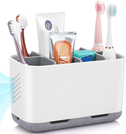 Boperzi Toothbrush and Toothpaste Holder Drainage for Bathroom Countertop with Adjustable Dividers, Large Toothpaste Caddy Organizer Storage Rustic Decor Set Anti-Slip for Shower,Family,Kids Gray