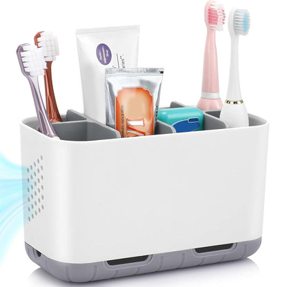 Boperzi Toothbrush and Toothpaste Holder Drainage for Bathroom Countertop with Adjustable Dividers, Large Toothpaste Caddy Organizer Storage Rustic Decor Set Anti-Slip for Shower,Family,Kids Gray