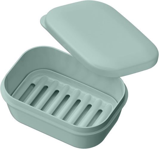 Quatish Leakproof Soap Dish with Lid & Draining Layer, Shatterproof Travel Bar Soap Holder Case Container, Portable Travel Size Toiletries Essentials for Camping, Gym, Bathroom, Greygreen