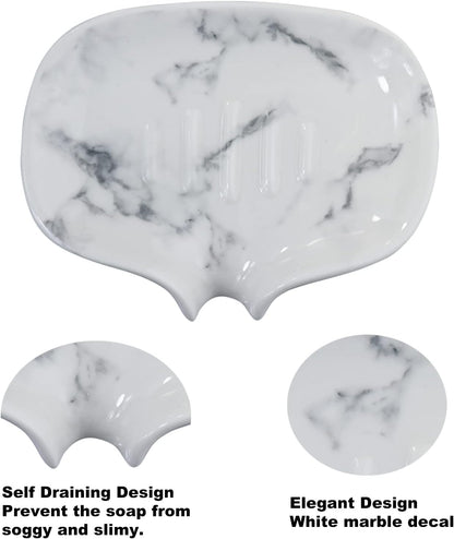 White Marble Texture Soap Dish Ceramic Soap Holder Self Draining Soap Dish Waterfall Slot Sponge Holder Bathroom Accessories for Bathroom, Kitchen,Bar Counter.