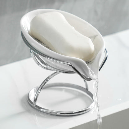 Dobbyby Leaf-Shaped Ceramic Soap Dish with Drain, Holder, Saver, Tray, Bar Soap Holder, Easy Cleaning, for Shower Bathroom Kitchen Sink Bathtub, Pro-Environment White