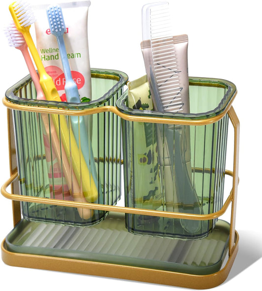KONE Green Toothbrush Holders for Bathrooms, 2 Cups Toothbrush Holders Wall Mounted, Dry & Wet Separation, Bathroom Organizers and Storage, Bathroom Toothbrush Holder Set for Family Kids