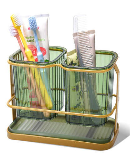 KONE Green Toothbrush Holders for Bathrooms, 2 Cups Toothbrush Holders Wall Mounted, Dry & Wet Separation, Bathroom Organizers and Storage, Bathroom Toothbrush Holder Set for Family Kids