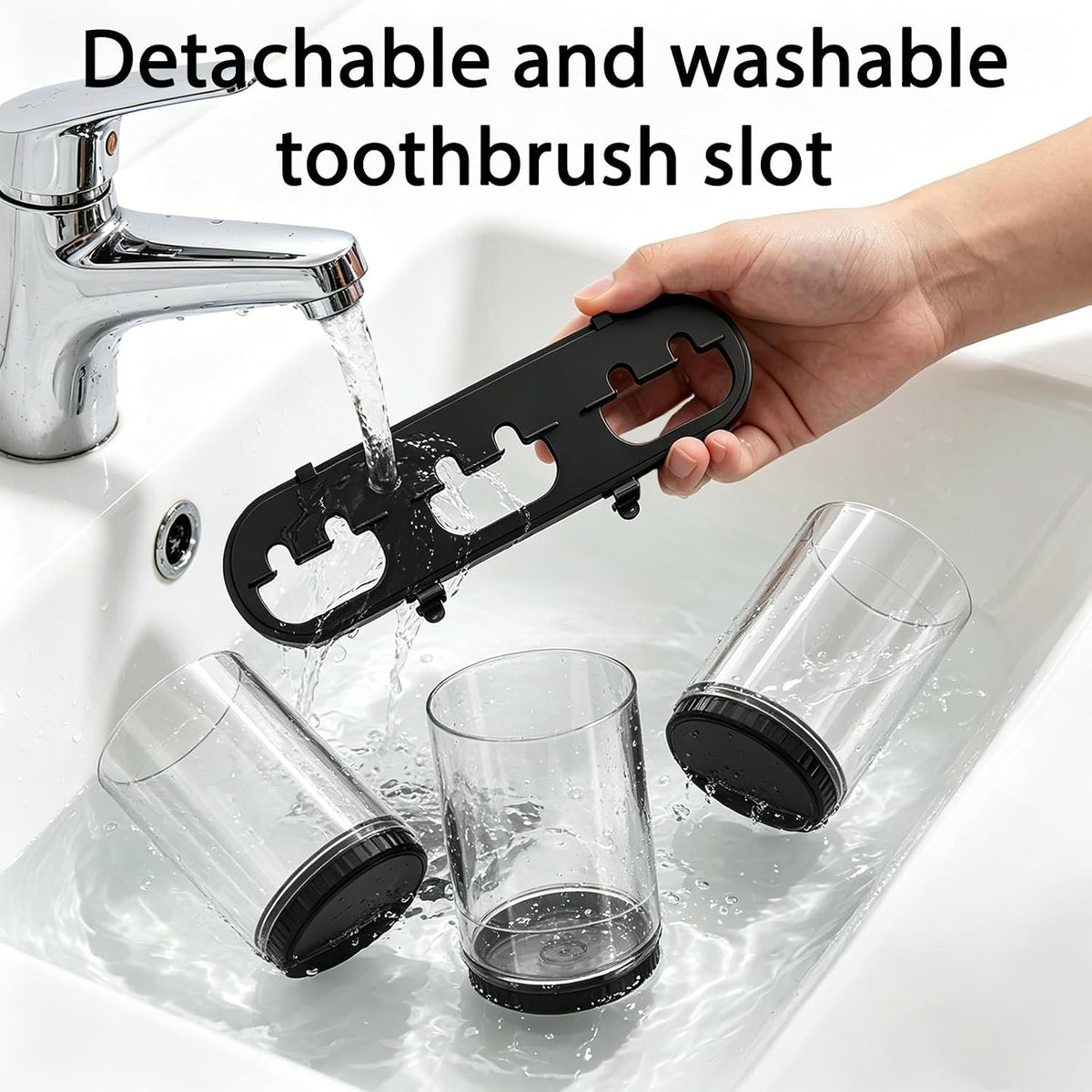 UV Toothbrush Sanitizer and Holder Wall Mounted, Electric Toothbrush Holder for Bathroom with UVA+UVC Light & Fan Dry, 6 Toothbrush Slots & 3 Cups, No-Drill Rechargeable Toothbrush Organizer（Black）