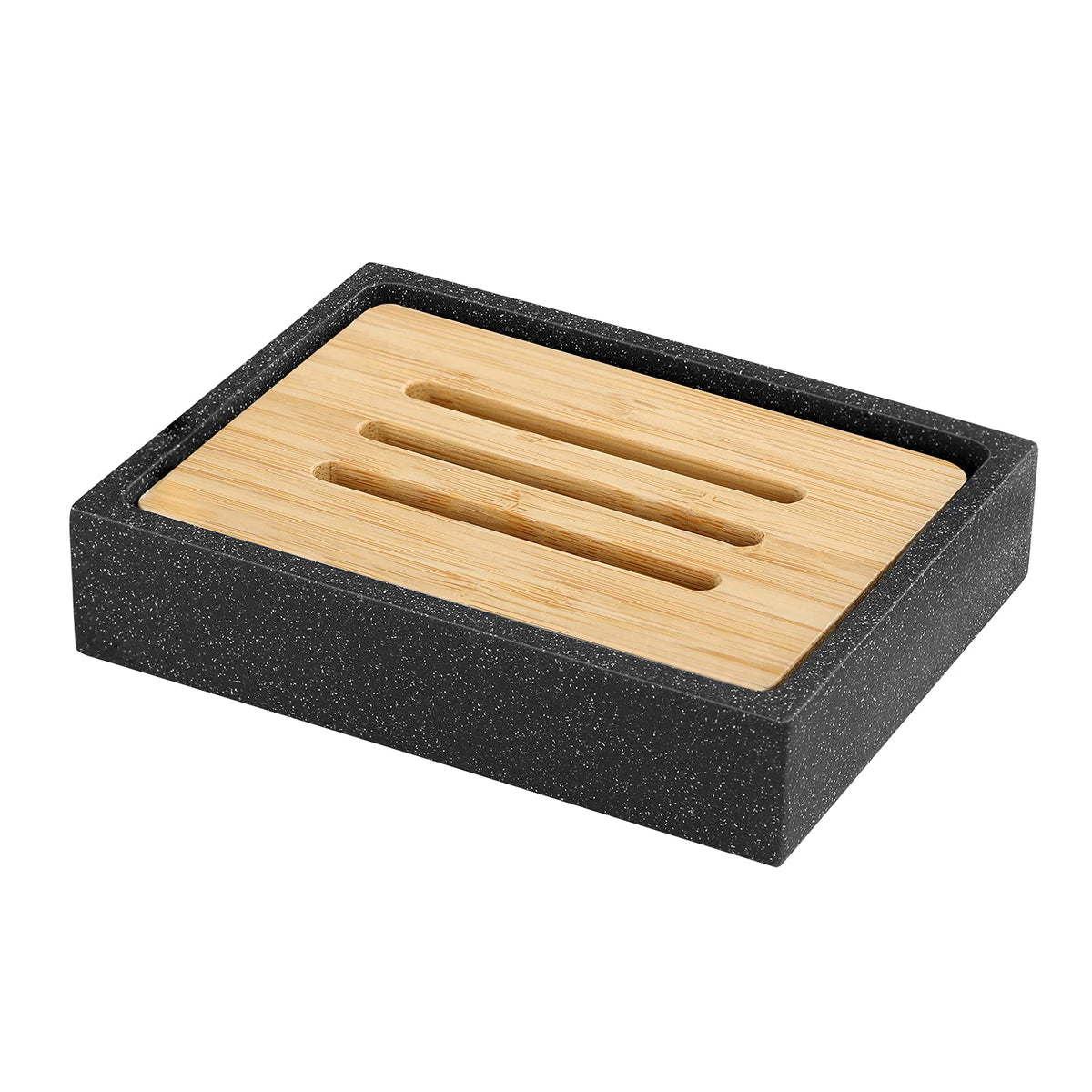 Luxspire Bamboo Soap Dish, Resin Holder with Drainage, Gravel White