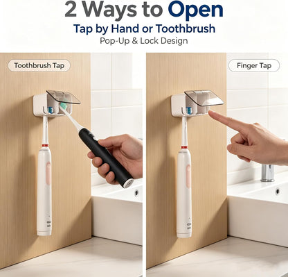 Toothbrush Holder Wall Mounted with Pop-Up Waterproof Cover, 2 Slots & Ventilated, No-Drill Adhesive Bathroom Organizer, Detachable Easy Clean, Fits Most Manual & Electric Toothbrushes (1pc Grey)