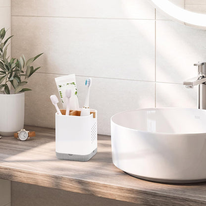 Boperzi Toothbrush and Toothpaste Holder with Bamboo Divider for Bathroom Countertop Organizer, Plastic Detachable Anti-Slip Large Electric Toothbrush Holders Storage Caddy Drainage for Family, Kids