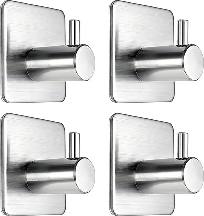 Fotosnow Adhesive Towel Hooks 15lbs Heavy Duty Wall Hooks Waterproof Stainless Steel Hanger for Hanging Coat, Hat, Towel Robe Hook Rack Wall Mount- Bathroom and Bedroom 4-Packs