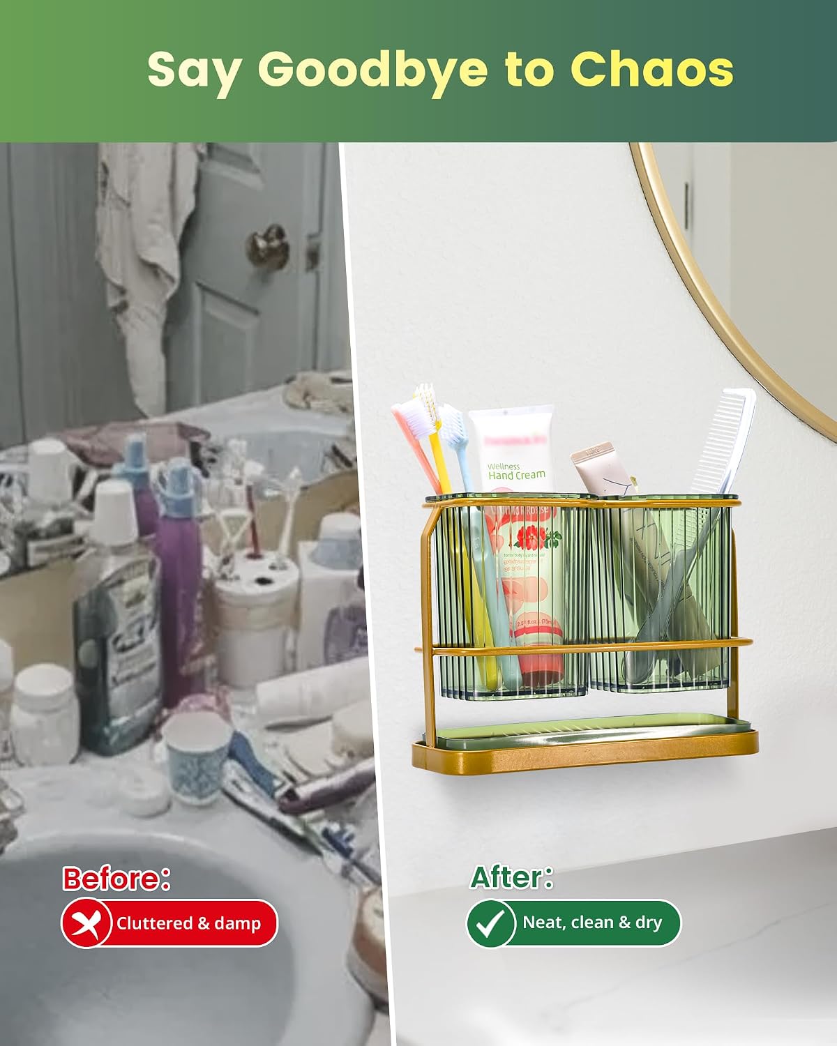 KONE Green Toothbrush Holders for Bathrooms, 2 Cups Toothbrush Holders Wall Mounted, Dry & Wet Separation, Bathroom Organizers and Storage, Bathroom Toothbrush Holder Set for Family Kids