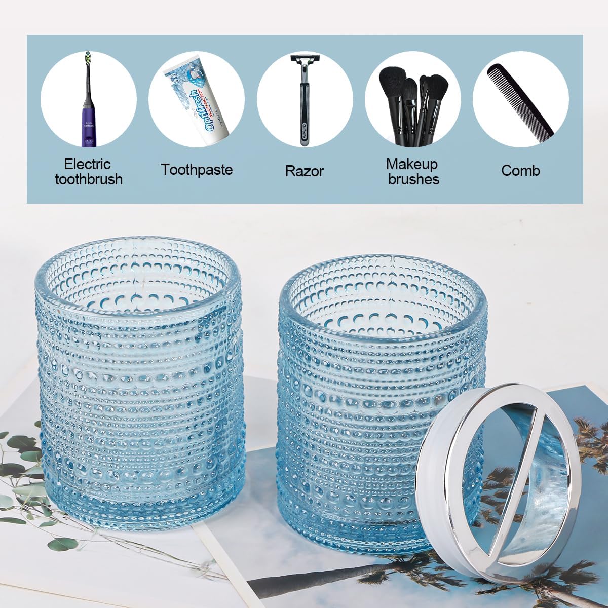 Blue Toothbrush Holders for Bathrooms, Glass Toothbrush Holder with 2 Slot Divider, 10oz Bathroom Tumbler and Mouthwash Cup, Tooth Brush Holder for Brushes, Toothpaste