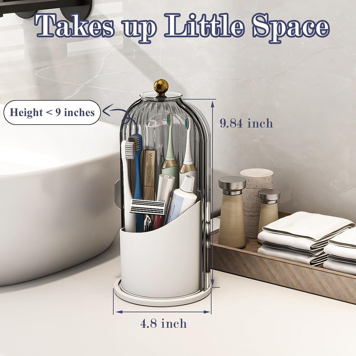 Waterproof Toothbrush Holder with 180° Rotating Cover, Grey White