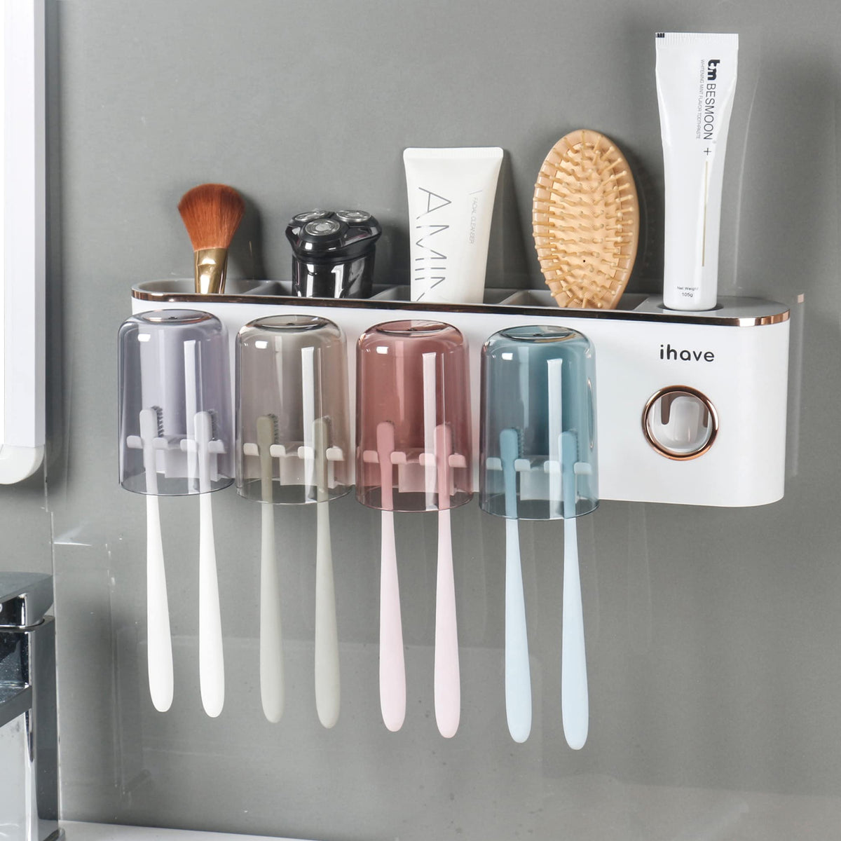 iHave Toothbrush Holders for Bathrooms Wall Mounted with Dispenser & 3 Cups