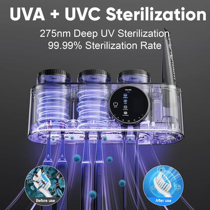 UV Toothbrush Sanitizer and Holder Wall Mounted, Electric Toothbrush Holder for Bathroom with UVA+UVC Light & Fan Dry, 6 Toothbrush Slots & 3 Cups, No-Drill Rechargeable Toothbrush Organizer（Black）