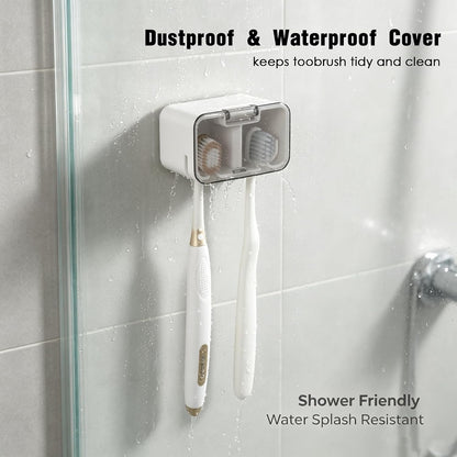 Toothbrush Holder Wall Mounted with Pop-Up Waterproof Cover, 2 Slots & Ventilated, No-Drill Adhesive Bathroom Organizer, Detachable Easy Clean, Fits Most Manual & Electric Toothbrushes (1pc Grey)