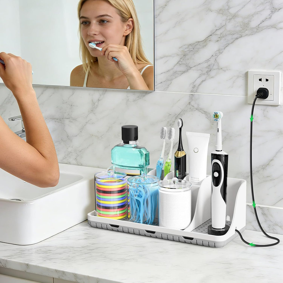 Bathroom Counter Organizers and Storage with 3 PCS Qtip Holder (White)