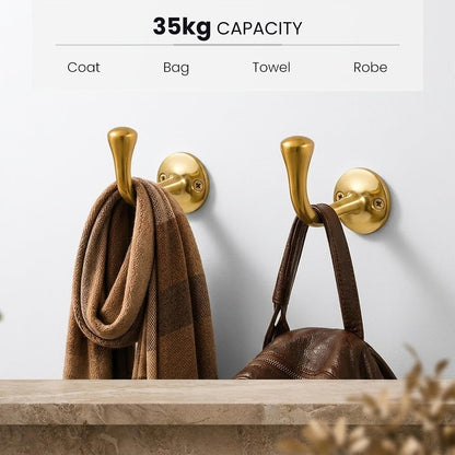 Unlacquered Solid Brass Wall Hooks Set of 2, Antique Brass Coat Hooks Wall Mount for Entryway, Bathroom & Kitchen, Gold Brass Towel Hook for Towels, Robes, Hats & Bags, Handcrafted Heavy Duty