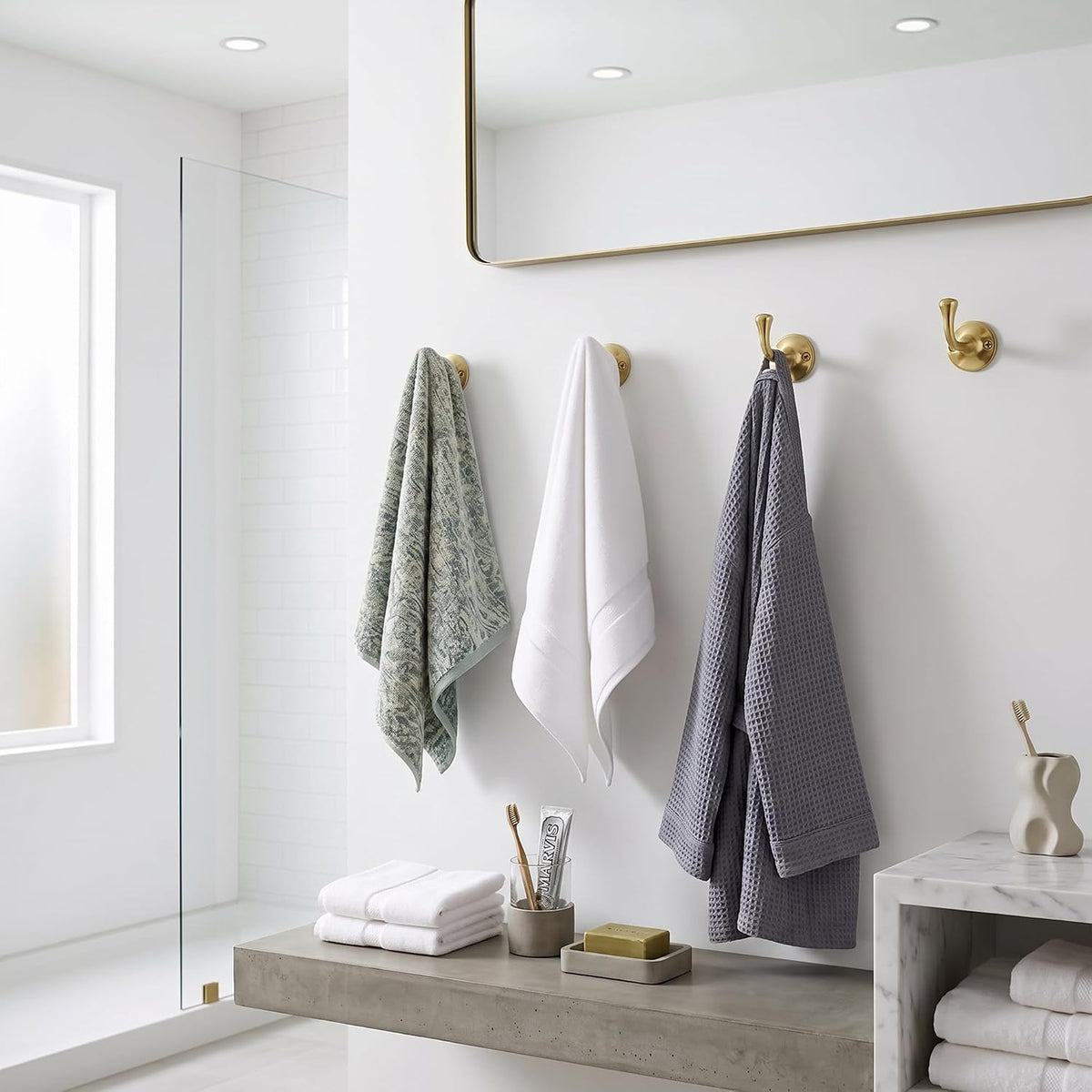 Unlacquered Solid Brass Wall Hooks Set of 2, Antique Brass Coat Hooks Wall Mount for Entryway, Bathroom & Kitchen, Gold Brass Towel Hook for Towels, Robes, Hats & Bags, Handcrafted Heavy Duty