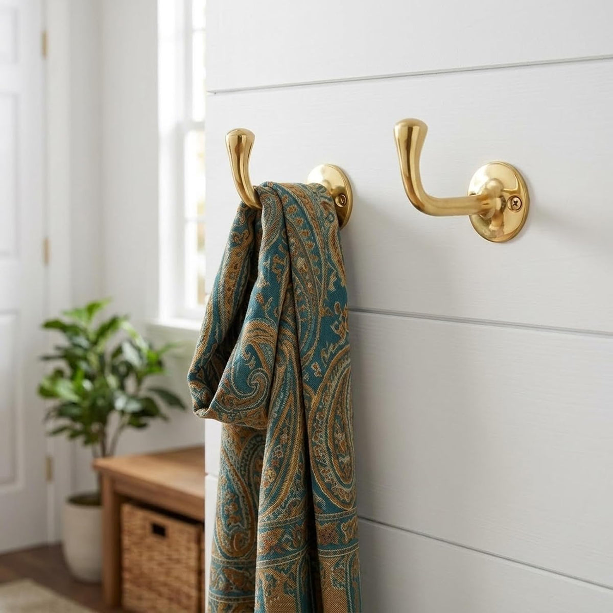 Unlacquered Solid Brass Wall Hooks Set of 2, Antique Brass Coat Hooks Wall Mount for Entryway, Bathroom & Kitchen, Gold Brass Towel Hook for Towels, Robes, Hats & Bags, Handcrafted Heavy Duty